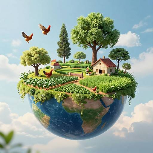 Digital artwork of a floating, Earth-like island with lush greenery, trees, a house, and two flying chickens against a blue sky.