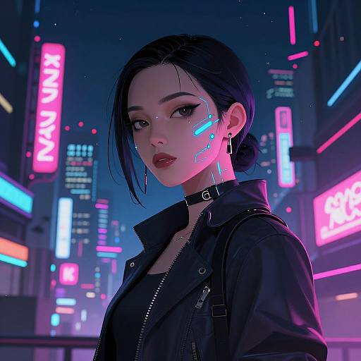 Digital art of a pale-skinned, black-haired woman with glowing neon face markings, wearing a black leather jacket, in a vibrant, neon-lit