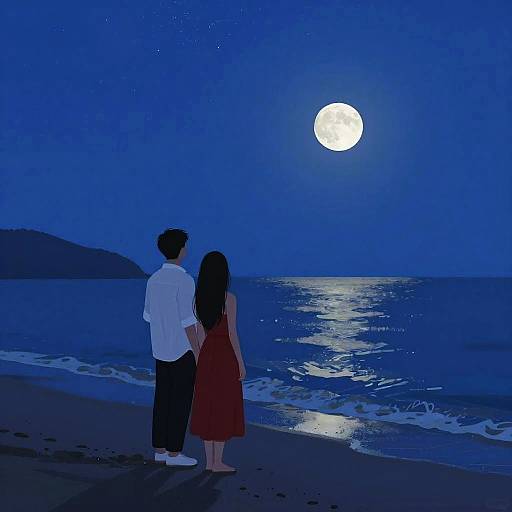 Digital illustration of a couple standing on a moonlit beach, gazing at a full moon over the ocean. She wears a red dress; he wears