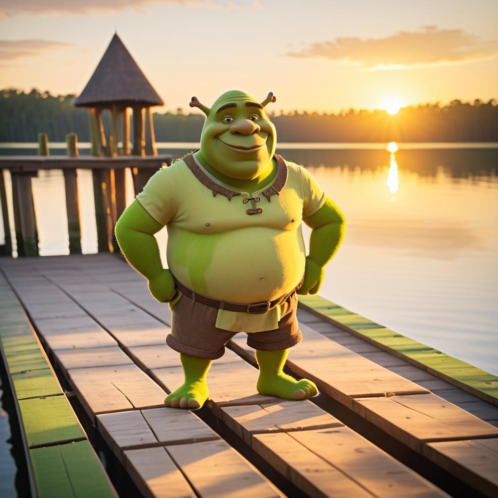 Shrek at Sunset on a Dock