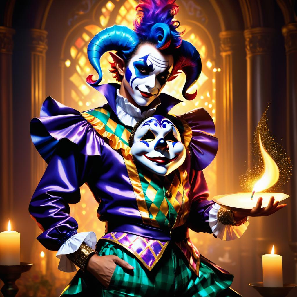 Flamboyant Jester in Dramatic Candlelight