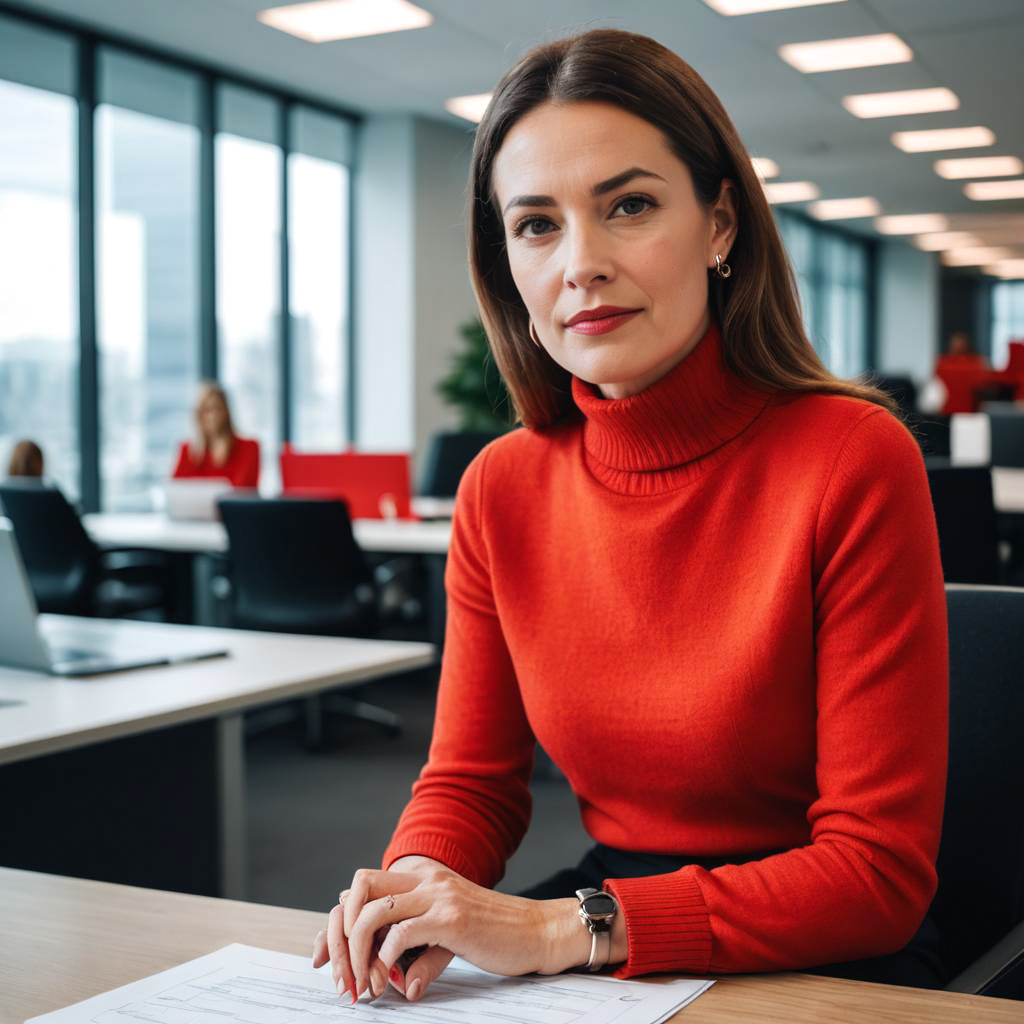 Businesswoman in Vibrant Red Sweater