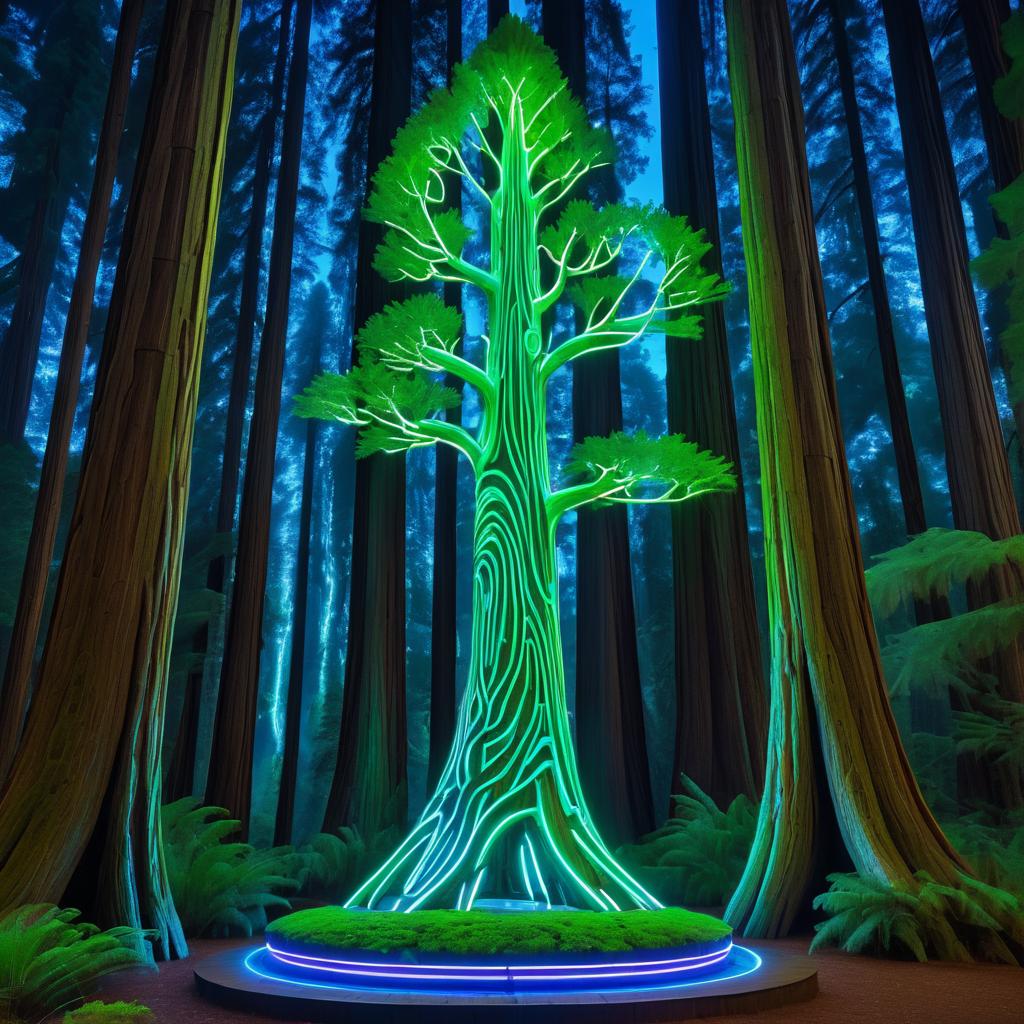 Futuristic Neon Tree Statue in Nature