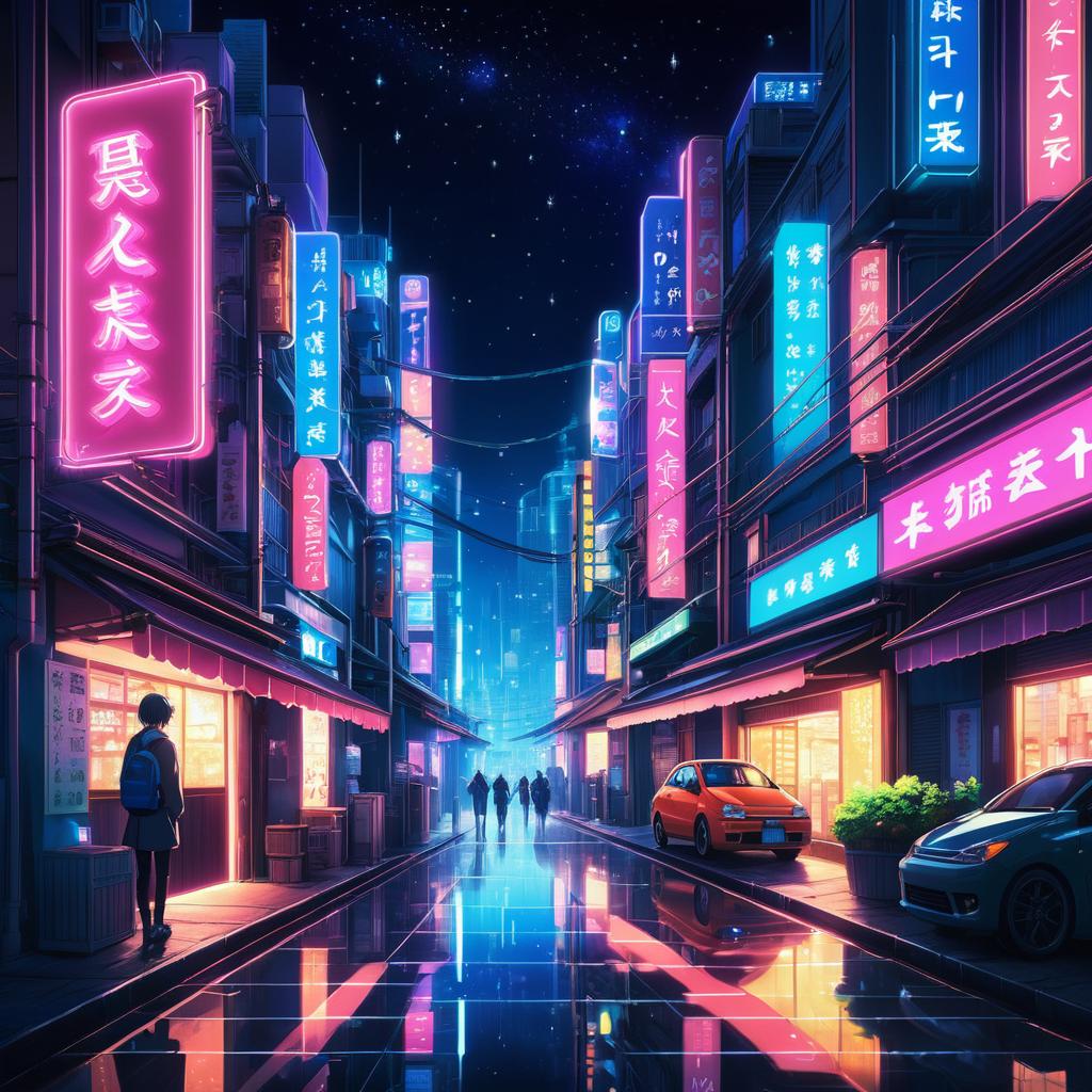 Vibrant Neon Cityscape in Anime Style