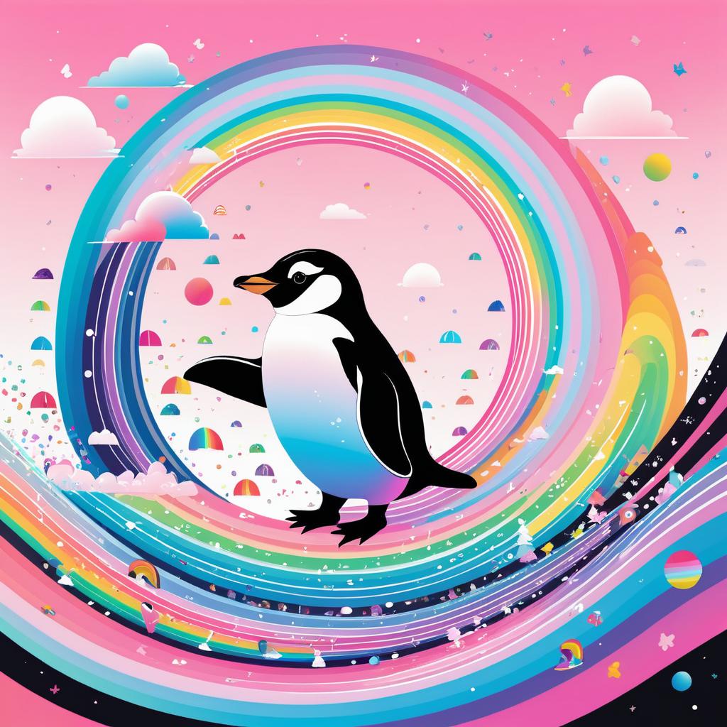 Whimsical Penguin Sliding Down Rainbow