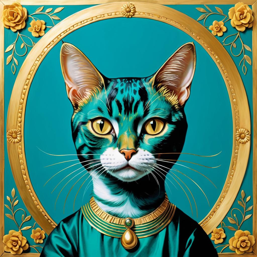 Surreal Cat Portrait in Teal and Gold