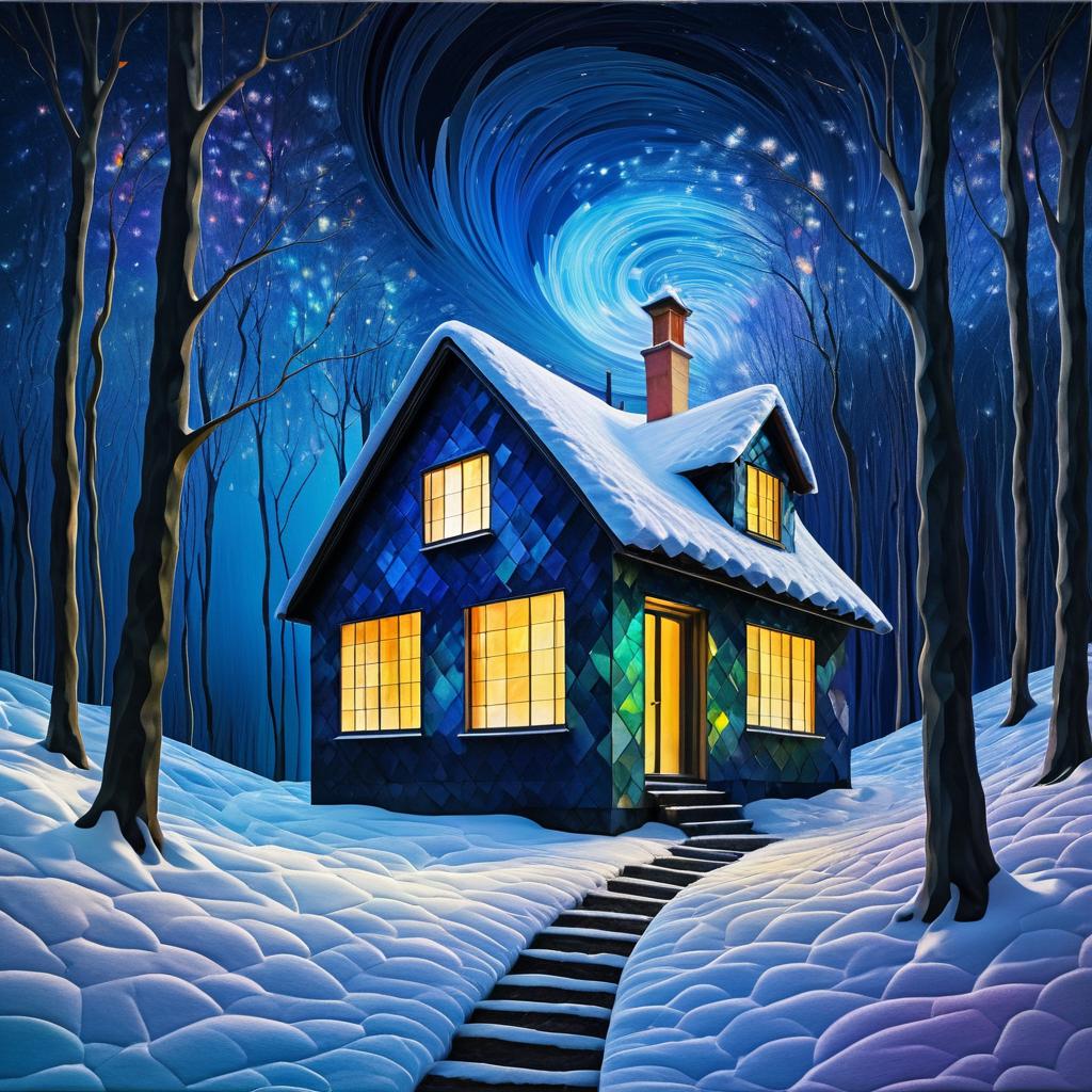 Mystical Winter Night Landscape with House