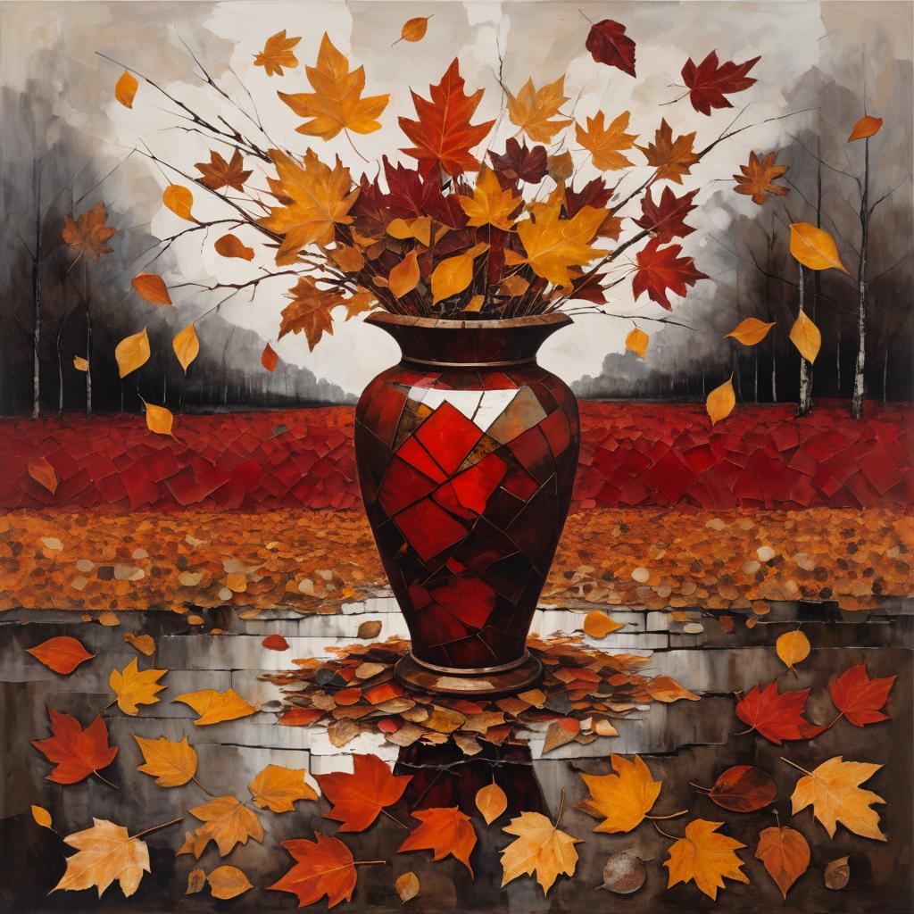 Fractured Vase with Autumn Leaves Artwork