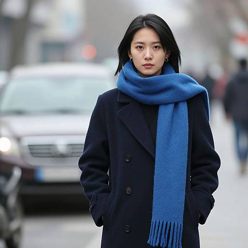 Photograph of an Asian woman with straight black hair, wearing a dark navy coat and bright blue scarf, standing on a blurred city street with parked cars