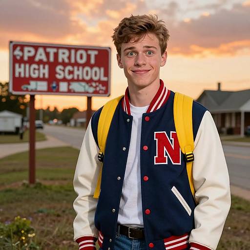 Photograph of a smiling young man with light brown hair, wearing a navy and yellow varsity jacket with an 