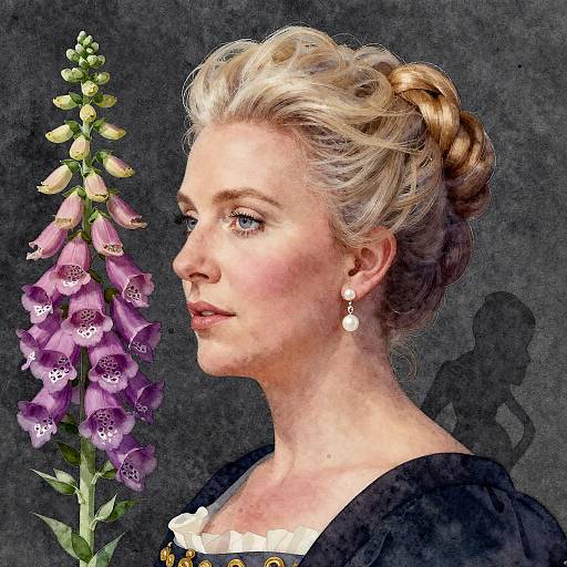 Young Woman with Foxglove Flower in Watercolor Style