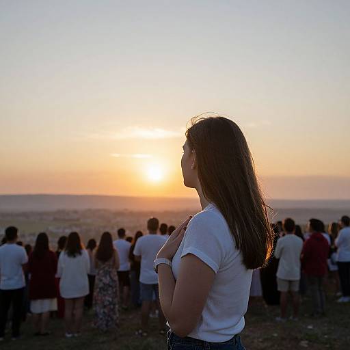 Photograph of a woman with long brown hair, wearing a white shirt, silhouetted against a sunset, standing among a crowd outdoors.