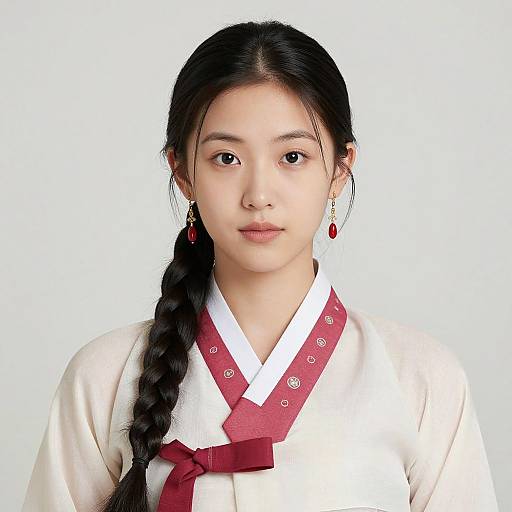 Photograph of an East Asian woman with long black braided hair, wearing a white traditional Korean hanbok with red trim and red earrings, against