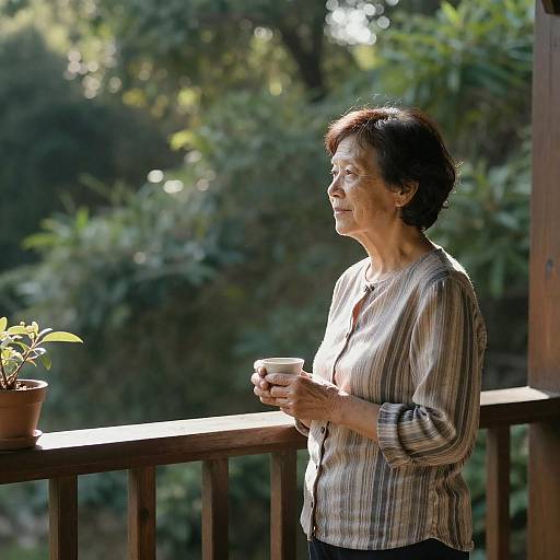Older Woman Holding Cup on Balcony