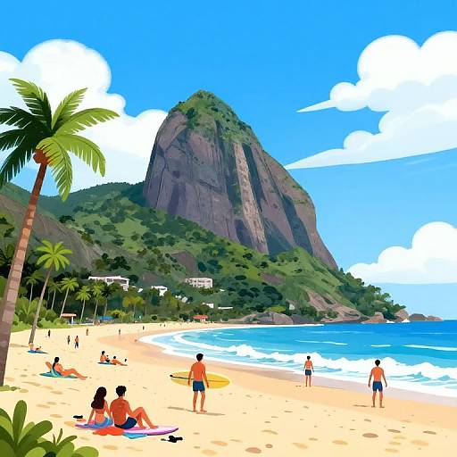 Digital illustration of a sunny beach with lush green hills, towering rock formation, palm trees, and people swimming and sunbathing. Bright blue sky with