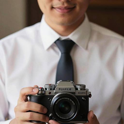 Photograph of a man in a white shirt and black tie, smiling, holding a Fujifilm B5000 camera in front of him.