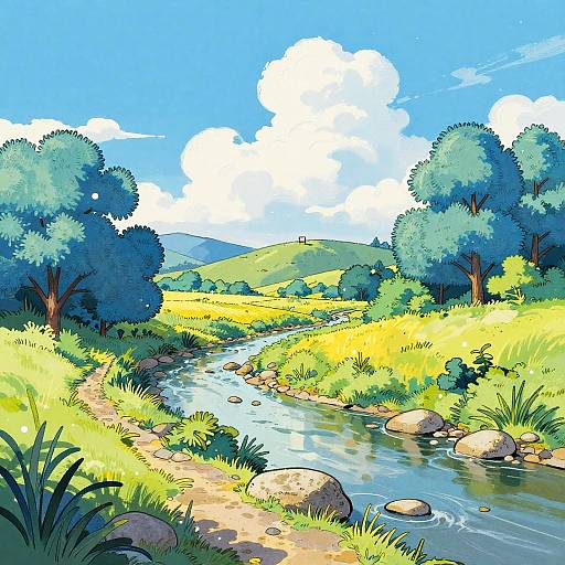 Dreamy Gouache Riverbank Landscape