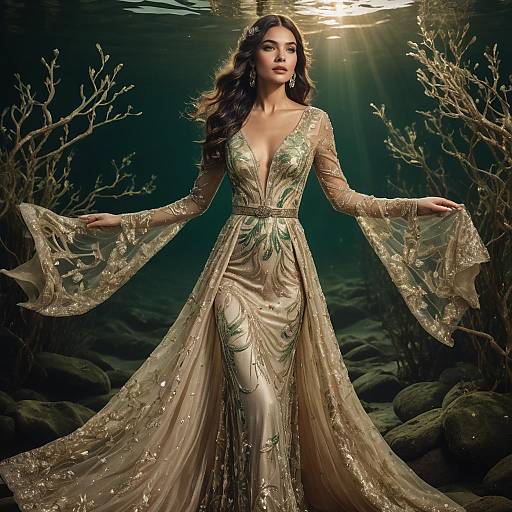 Underwater Glamour Woman in Embroidered Gown
