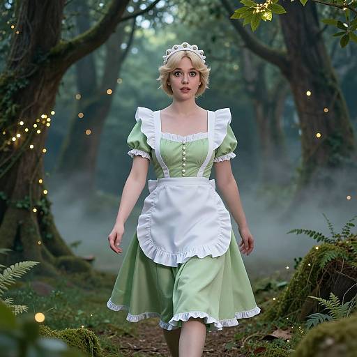 Photograph of a young blonde woman in a green maid dress with white apron and headpiece, walking through a misty forest illuminated by fairy lights