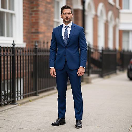 Photograph of a handsome, bearded man in a dark blue suit, white shirt, and blue tie, standing on a city sidewalk with red brick