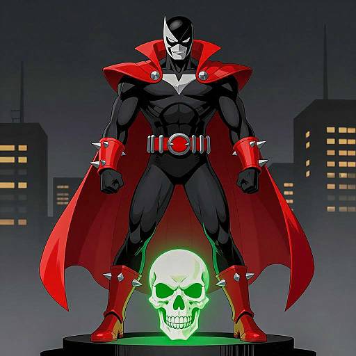 Comic Superhero with Red Cape and Glowing Skull
