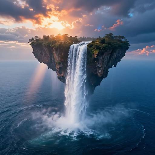 Photograph of a floating island with a tall, cascading waterfall, set against a dramatic sunset sky with colorful clouds over the ocean.