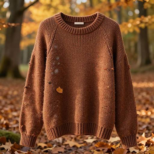 Photograph of a brown, knitted sweater with buttons on the left side, displayed outdoors on a forest floor covered in autumn leaves, with blurred golden