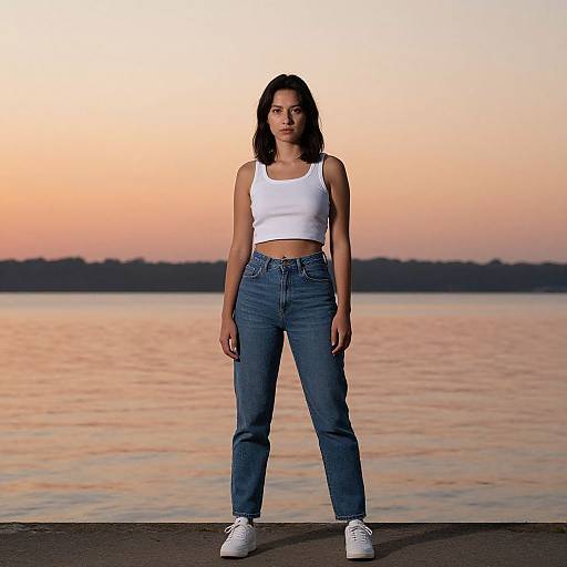 Young Woman on Waterfront at Sunset