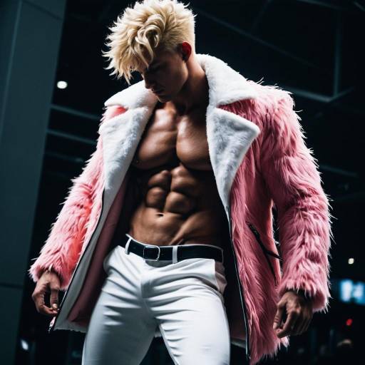 Muscular Man in Pink Fur Coat Cosplay