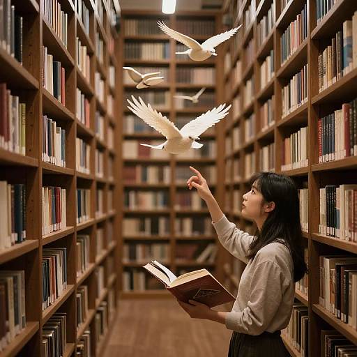 Photograph of an Asian woman with black hair, wearing a gray shirt, feeding white doves in a wooden library aisle.