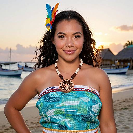 Photograph of a smiling woman with medium brown skin, long curly black hair, wearing a blue floral strapless top, feather headpiece, and brown