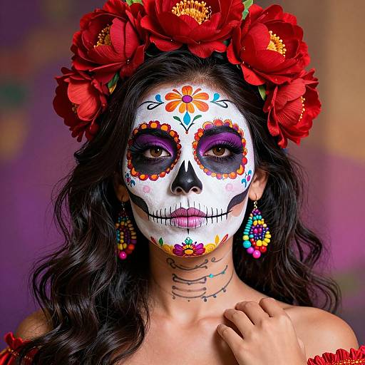 Photograph of a woman with white face paint, colorful floral Day of the Dead design, red flower crown, purple eyeshadow, and colorful earrings