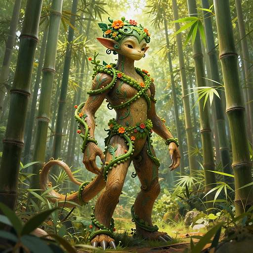 Digital artwork of a fantasy creature, anthropomorphic with elf-like features, adorned in green vine and flower garlands, standing in a sunlit bamboo forest