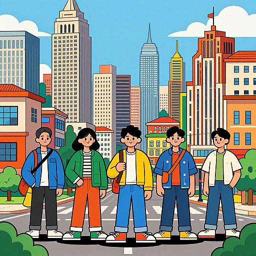 Cartoon-style illustration of five Asian teenagers in colorful clothes standing on a city street with tall skyscrapers and buildings. Bright, vibrant colors and bold