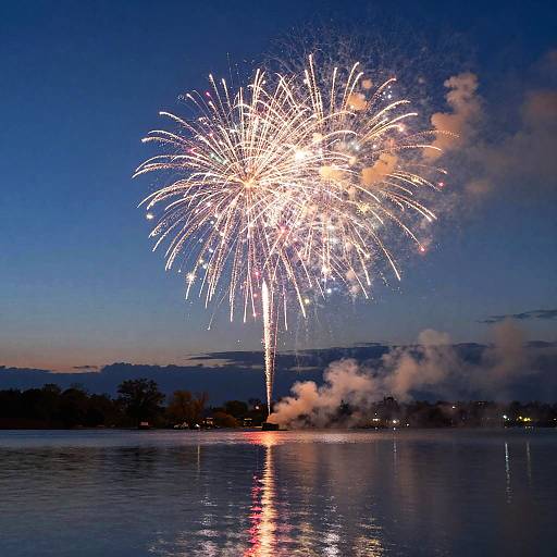 Photograph of a vibrant fireworks display over a calm lake at dusk, with bright white and orange explosions reflecting on the water.