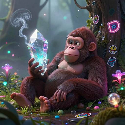 CGI image of a curious, chubby monkey with brown fur holding a glowing, crystalline gem in a magical forest, surrounded by colorful, glowing orbs