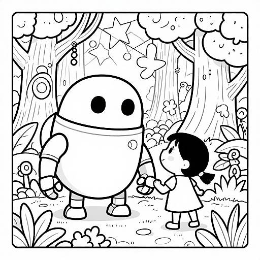Black-and-white cartoon drawing: A round, robot-like character with large eyes stands in a forest, touching hands with a small child with a ponytail