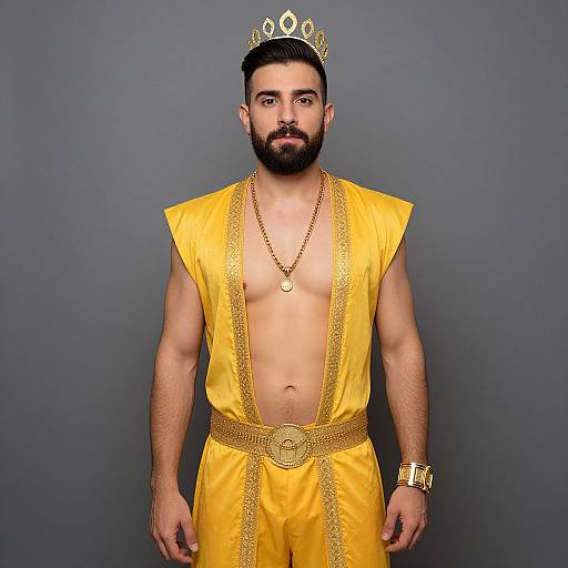 Photograph of a bearded man with a crown, wearing a gold-trimmed, sleeveless yellow robe, gold necklace, and bracelet, against