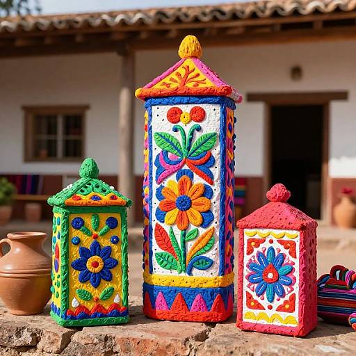 Photograph of three vibrantly painted ceramic pots with colorful floral designs, placed on a stone surface in front of a rustic, white-walled building with