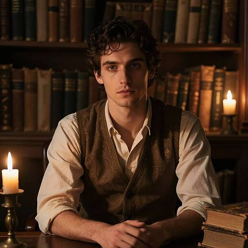 Mysterious Male Portrait in Ancient Library