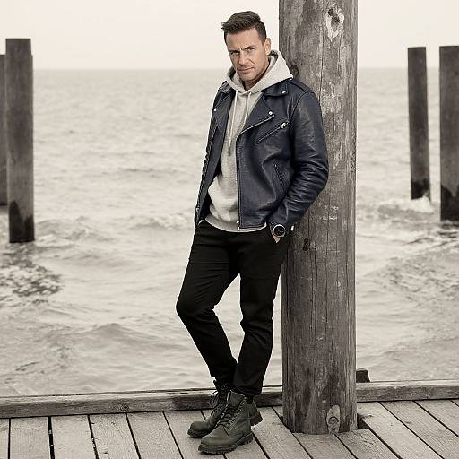 Photograph of a tall, handsome man with short brown hair, wearing a black leather jacket, white hoodie, black pants, and green boots, leaning
