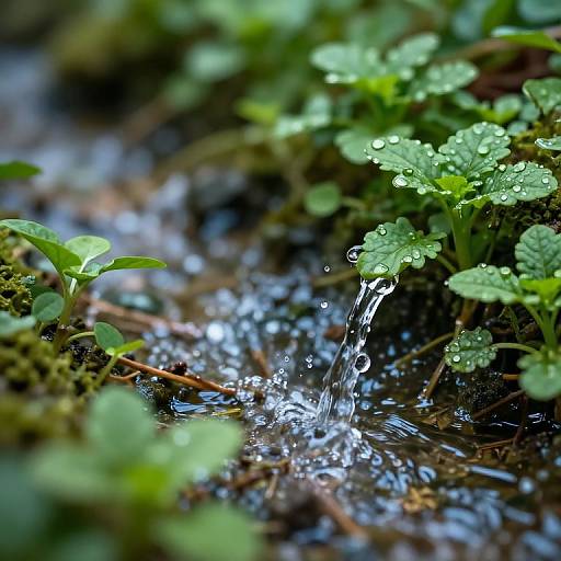 Close-up photograph of a small stream flowing through lush green moss and water-dropped leaves, capturing sparkling water droplets.
