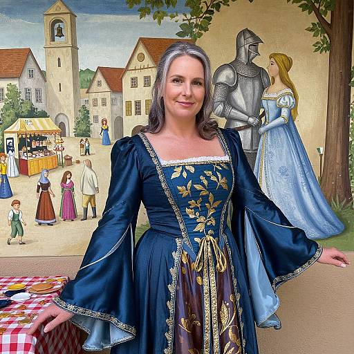Photorealistic digital painting of a smiling woman in a medieval-style blue dress with gold embroidery, standing in a village fair with a knight and princess in