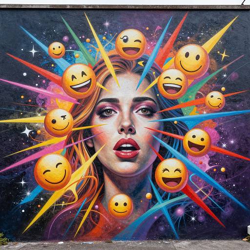 Vibrant digital mural of a woman with glowing eyes, surrounded by colorful, radiant smiley faces on a dark, starry background.