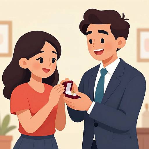 Cartoon-style illustration of a smiling man in a suit and tie proposing to a woman in a red shirt, holding a ring box.