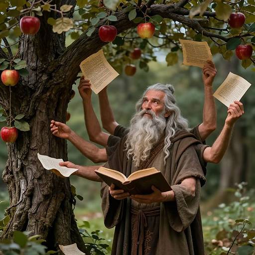 Photograph of an elderly, six-armed man with a long white beard, wearing a brown robe, reading under an apple tree with red apples and