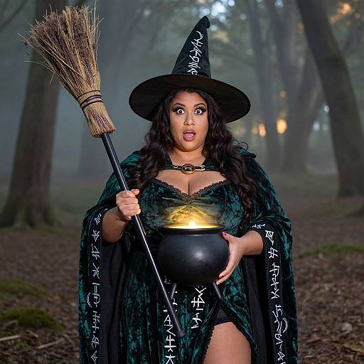 Photograph of a curvy woman with dark curly hair, wearing a black witch hat, green velvet cape with white runes, and lace lingerie, holding