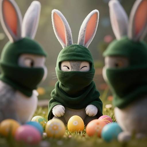 Three cute, cartoon-style rabbits in green ninja hoods, with white fur and pink-tipped ears, sit among colorful Easter eggs in a sunny,