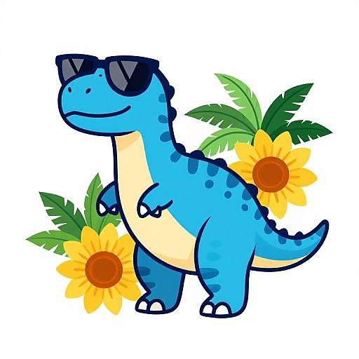 Cartoon blue dinosaur with black sunglasses, yellow belly, and dark spots, standing confidently among three bright yellow sunflowers and green palm leaves.