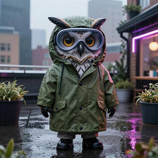 Surreal Urban Rooftop Owl in Rain